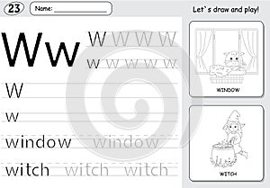 Cartoon witch and window. Alphabet tracing worksheet: writing A-Z and educational game for kids