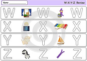 Cartoon witch, window, x-ray boy, xylophone, yak, yacht, zebra a