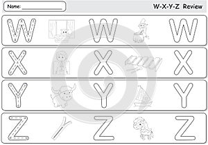 Cartoon witch, window, x-ray boy, xylophone, yak, yacht, zebra a