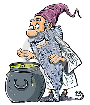 Cartoon Wizard with boiling cauldron.