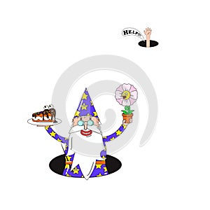 Cartoon wizard with cake and flower