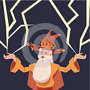 Cartoon wizard with lightning. Magic character doing magic, silver beard and cone hat, cartoon flat sorcerer portrait