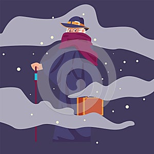 Cartoon wizard. Male person in robe and with cane, suitcase and hat, night sky with stars and clouds, magic mascot