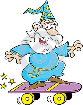 Cartoon wizard riding a skateboard