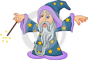 Cartoon wizard is waving his magic wand isolated on white background