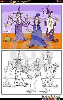 Cartoon wizards fantasy characters coloring book page