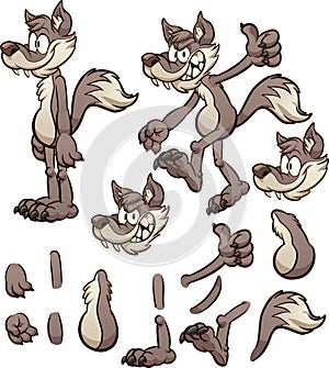 Cartoon wolf or coyote character with different body pats.