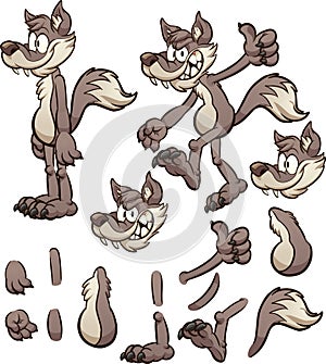 Cartoon wolf or coyote character with different body pats. photo