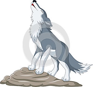 Cartoon wolf howling on the rock