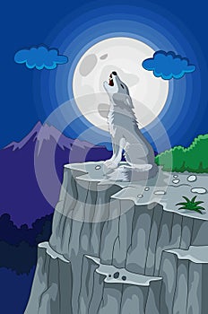 Cartoon Wolf howling under the full moon