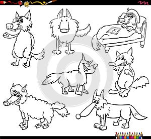 cartoon wolves animal characters set coloring page