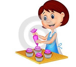 Cartoon woman with apron decorating cupcakes