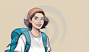 Cartoon woman with backpack, smiling, big eyes, and one arm raised