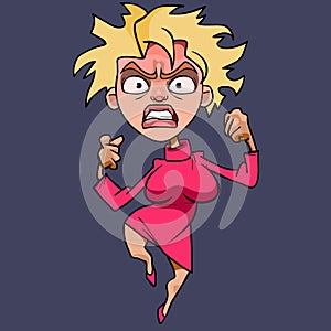 Cartoon woman blonde in pink dress hysterically angry