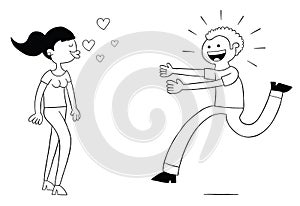 Cartoon woman blows kisses and man runs to her very excited, vector illustration