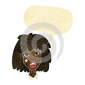 cartoon woman with bruised face with speech bubble