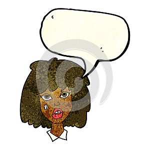 cartoon woman with bruised face with speech bubble