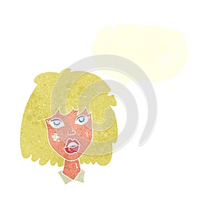 cartoon woman with bruised face with speech bubble