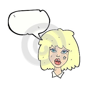 cartoon woman with bruised face with speech bubble