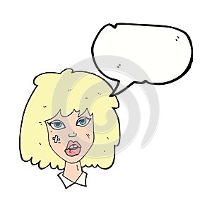 cartoon woman with bruised face with speech bubble