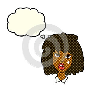 cartoon woman with bruised face with thought bubble