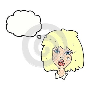 cartoon woman with bruised face with thought bubble