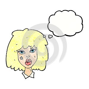 cartoon woman with bruised face with thought bubble