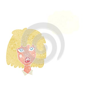 cartoon woman with bruised face with thought bubble