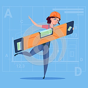 Cartoon Woman Builder Holding Carpenter Level Wearing Uniform And Helmet Construction Worker Over Abstract Plan