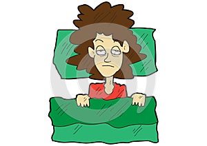 Cartoon woman cannot sleep at her bed