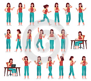Cartoon woman in casual outfit. Young female character in different poses. Student with various gestures, face