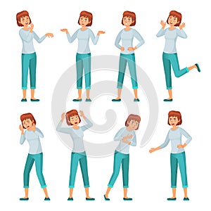 Cartoon woman character emotions. Women facial emotion, young female in casual clothing and smiling happy woman vector photo