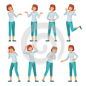 Cartoon woman character emotions. Women facial emotion, young female in casual clothing and smiling happy woman vector set