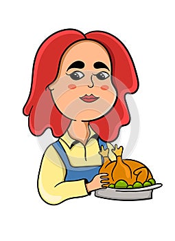 Cartoon woman chef holding dish with fried chicken, vector illustration