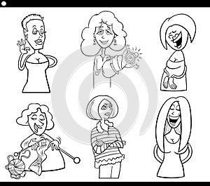 Cartoon woman comic characters set coloring page