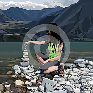 Cartoon woman creates a pyramid of stones on the river bank