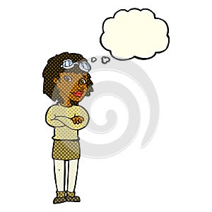 cartoon woman with crossed arms and safety goggles with thought