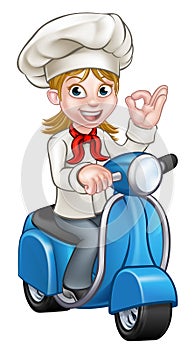 Cartoon Woman Delivery Moped Chef