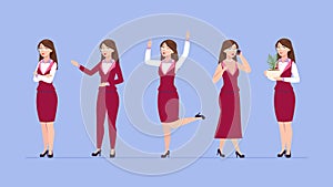 Cartoon woman different clothes. Business women, dressed in suit skirt dress. Elegant lagy, female sexy vector character