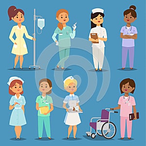 Cartoon woman doctors nurses vector girl meeting hospital people. Nurses character female uniform. Nurses character