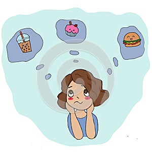 cartoon woman doing contemplating food choices what she will eat