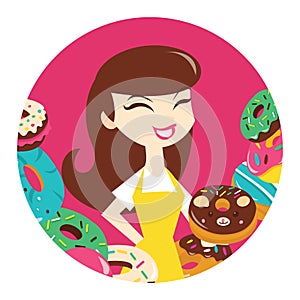 Cartoon Woman Donuts Round Frame