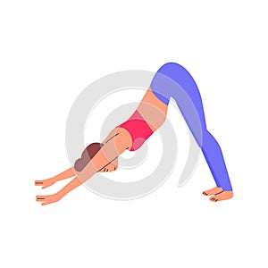Cartoon woman in downward facing dog yoga pose - stretching fitness exercise.