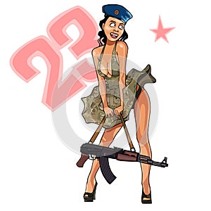 Cartoon woman in a dress with a submachine gun