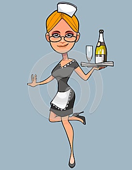 Cartoon woman dressed as a waitress fun jumping with a tray in hand