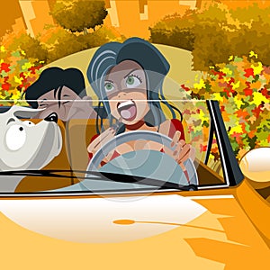 Cartoon woman driving a car in lipstick