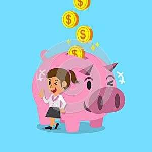 Cartoon woman earning money with pink piggy