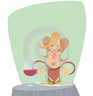 Cartoon woman eating in a gourmet restaurant