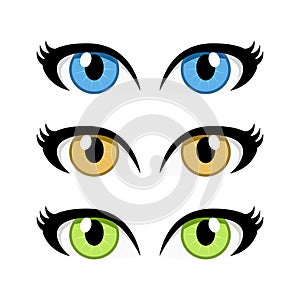 Cartoon woman eyes set on white background