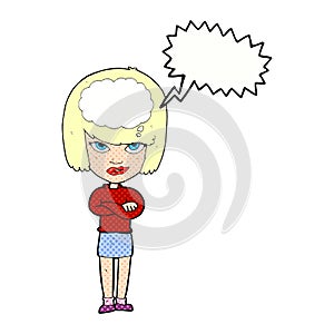 cartoon woman with folded arms imagining with speech bubble